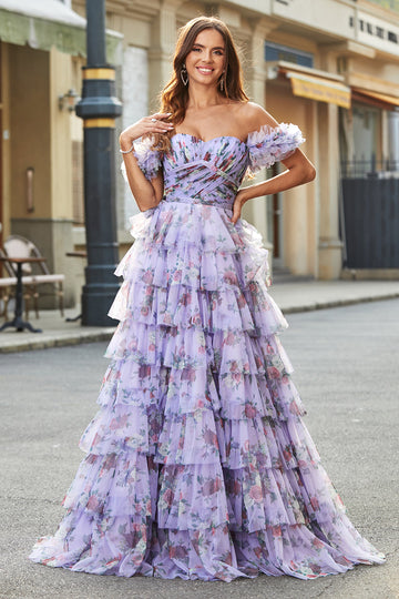 Splendido A Line Off the Shoulder Lavanda Stampato Abito Lungo Prom con Volant